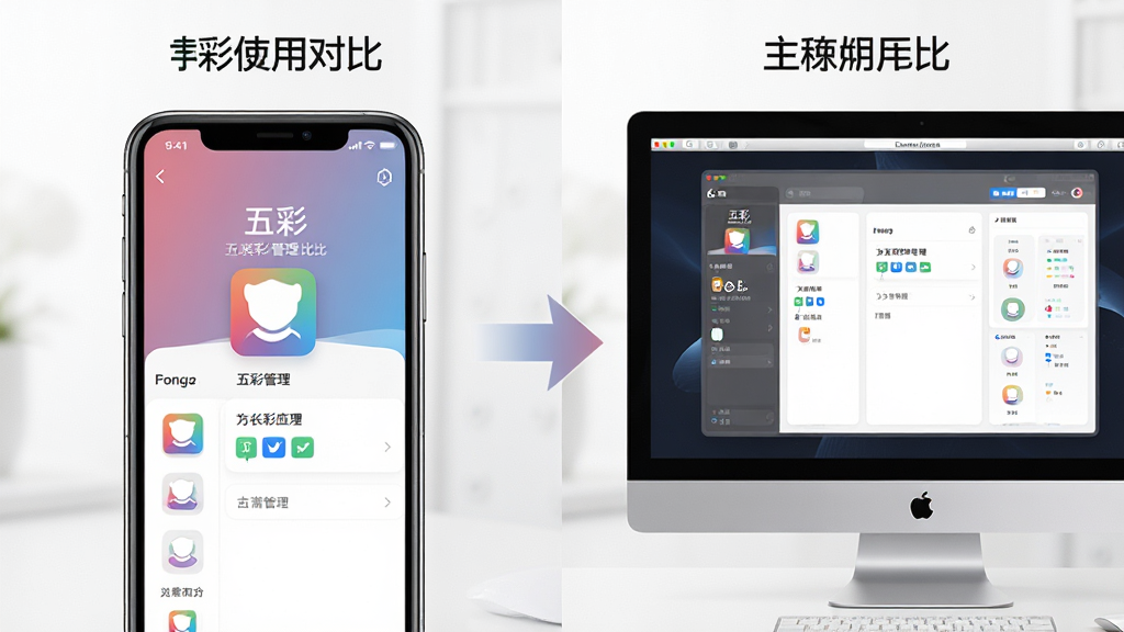 主体:五彩应用在手机和电脑上使用的对比场景。布局:左半部分为手机操作界面,右半部分为电脑模拟器画面。排版:左右分屏,中间用箭头连接。风格:写实风格,光线明亮。细节:手机屏幕显示“五彩”下载管理界面,电脑屏幕显示同样界面。画质:高清,干净,无多余元素