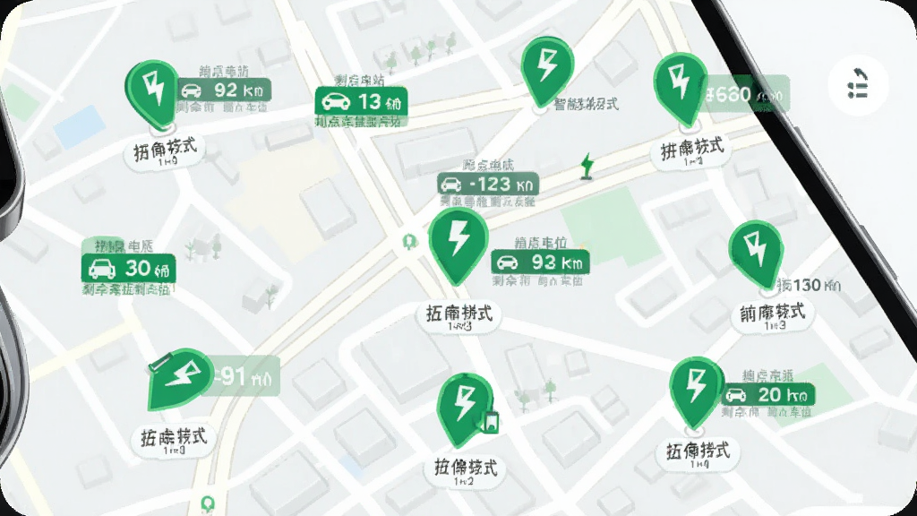 拼好电智能电站地图功能展示图,主体为手机应用内地图界面,布局中央为放大的城市街道地图,周围分布多个绿色充电站图标,排版均衡,风格为清新简约的科技感插画,细节包括站点距离标注、电价标签、剩余车位数字,画质细腻干净,无多余元素