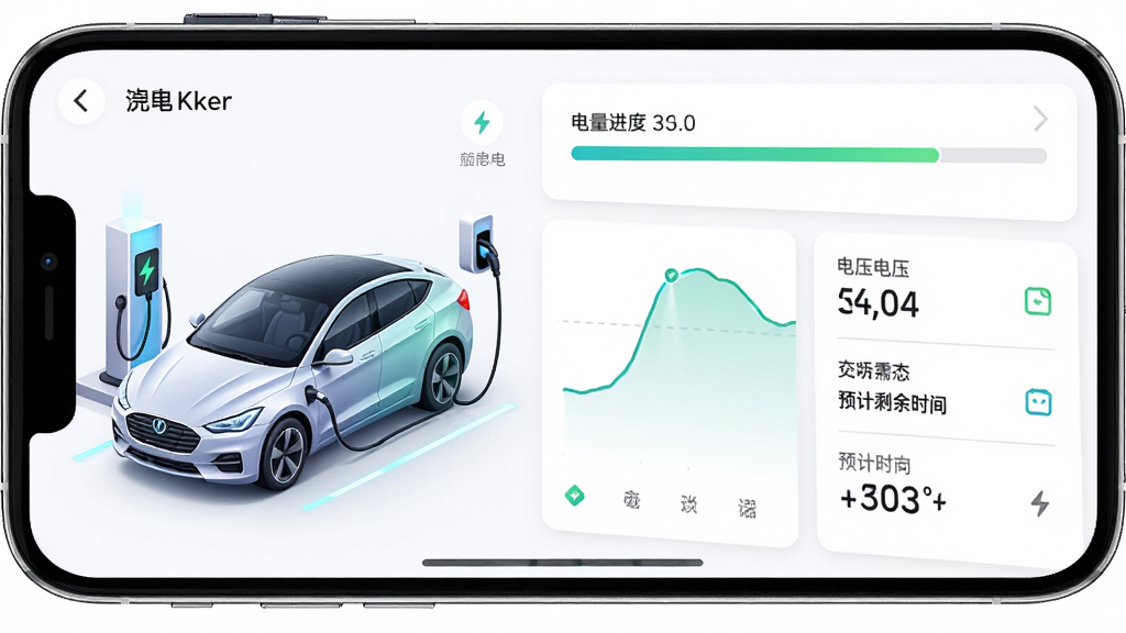 拼好电远程监控功能示意图,主体为手机界面显示充电进度曲线与数据面板,布局左侧为车辆充电动态插画,右侧为实时数据列表,排版清晰,风格为现代智能硬件风格,细节包括电量进度条、电压数值、预计剩余时间,画质干净明亮,无多余元素