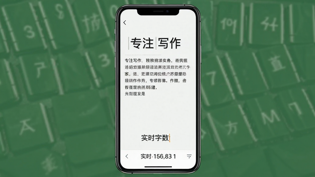 全民作家APP的专注模式截图,手机全屏显示纯色背景,中央是正在输入的文字段落,屏幕底部显示实时字数统计数字,周围没有其他图标,构图简洁,突出显示“专注写作”字样,风格极简,画质高清,干净无多余元素