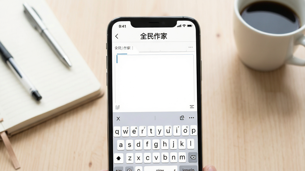 一张手机屏幕特写,屏幕中显示全民作家APP的写作编辑界面,界面顶部有“全民作家”字样,下方是干净的文本输入区域,键盘半弹出,整体风格简约明亮,背景为浅色书桌,摆放着笔记本和咖啡杯,构图居中,排版清晰,写实风格,高清画质,干净无多余元素