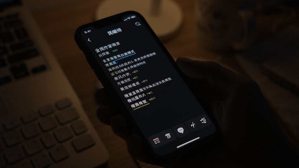 全民作家APP的夜间模式界面预览图,手机屏幕显示深色背景的编辑页面,文字以浅色显示,界面底部有简洁的格式工具条,周围环境昏暗,只有屏幕发出柔和光线,构图以手机为中心,侧角拍摄,风格写实细腻,画质清晰,干净无多余元素