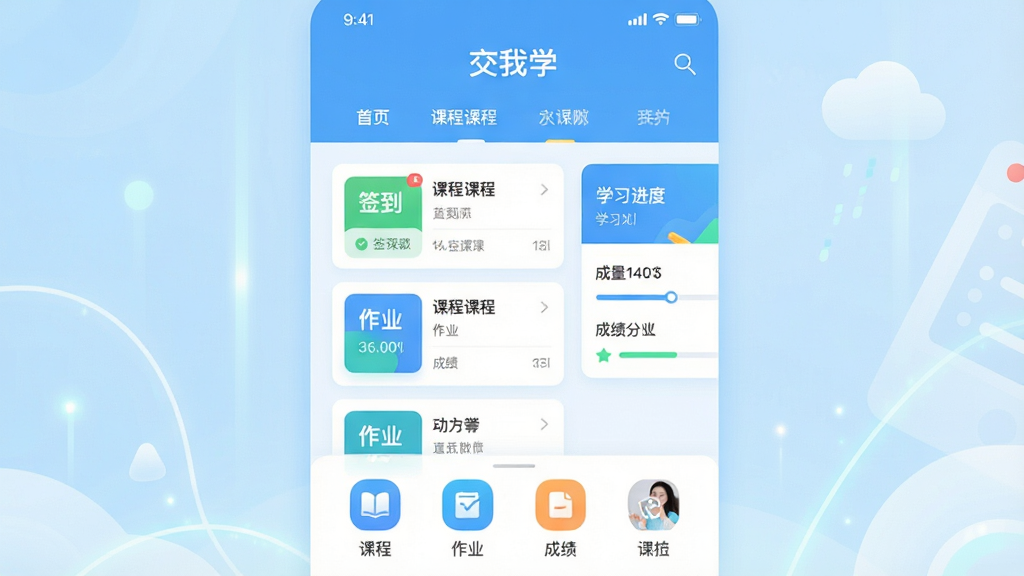 主体:交我学APP界面展示,中央显示课程列表与学习进度卡片,背景为淡蓝色渐变。布局:上方为APP名称“交我学”与导航栏,下方分布功能图标,整体排版清晰。风格:扁平化设计,色彩明亮清新,突出教育科技感。细节:课程卡片上标有“签到”“作业”“成绩”等字样,画质:高清,干净,无多余元素。