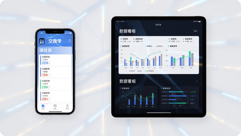主体:交我学APP在手机与平板上的双屏展示,左为手机端课程表,右为平板端数据看板。布局:左右对称,背景为浅灰色。风格:科技感,明亮光线,展示多设备协同。细节:屏幕中显示“交我学”字样与图表数据,画质:高清,干净,无多余元素。