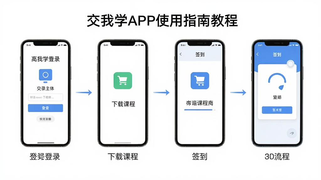 主体:交我学APP使用指南教程图,展示手机操作步骤,包括登录、下载课程、签到等流程。布局:以流程图形式从左到右排列,背景为白色。风格:清新简约,图标化设计。细节:每个步骤下方有简短文字说明,画质:高清,干净,无多余元素。