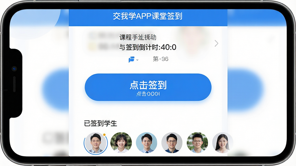 主体:交我学APP课堂签到界面,顶部显示课程名称与签到倒计时,中间为签到按钮,底部为已签到学生头像列表。布局:简洁垂直排列,按钮突出。风格:现代教育风格,蓝白主色调,界面干净。细节:签到按钮带有“点击签到”文字提示,画质:高清,干净,无多余元素。
