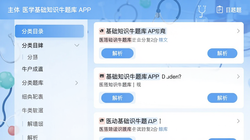 主体:医学基础知识牛题库APP的题库界面,显示分类目录和题目列表,背景为蓝色调医学风格。布局:界面整洁,目录在左,题目在右。排版:清晰有序。风格:扁平化设计,色彩柔和。细节:题目下方有“解析”按钮,画质高清,干净,无多余元素。