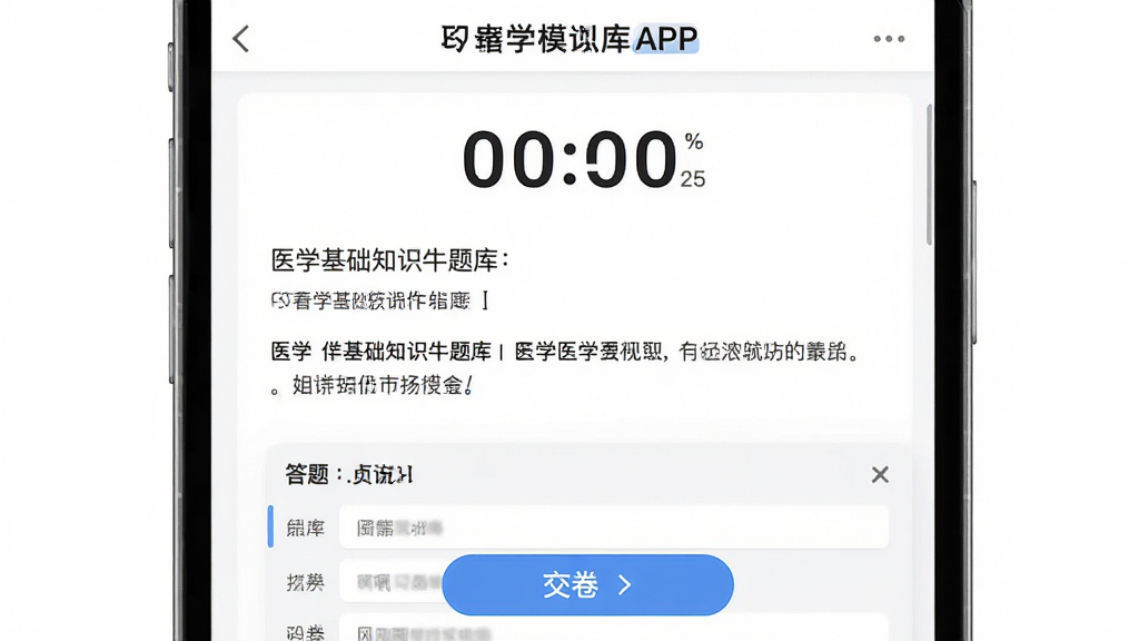 主体:医学基础知识牛题库APP的模拟考试界面,显示试卷题目和计时器,背景为白色。布局:题目上方有计时器,下方有答题卡。排版:规范,清晰。风格:考试风格,正式。细节:有“交卷”按钮,画质高清,干净,无多余元素。