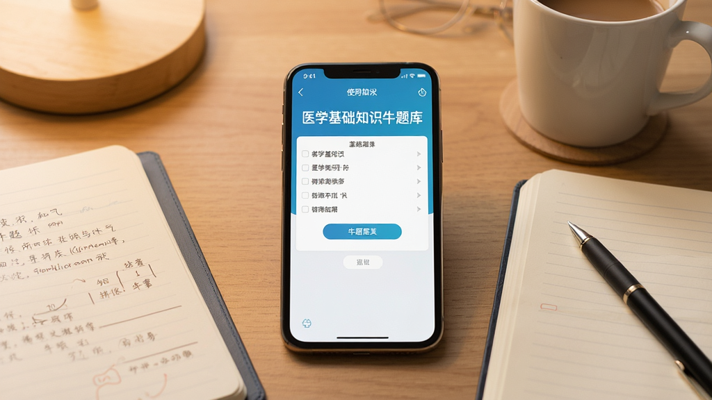 主体:医学基础知识牛题库APP使用场景,手机放在桌上,旁边有笔记本和笔,屏幕显示答题界面。布局:手机居中,周围有学习用具。排版:温馨,学习氛围。风格:写实摄影。细节:屏幕上有“医学基础知识牛题库”字样,画质高清,干净,无多余元素。