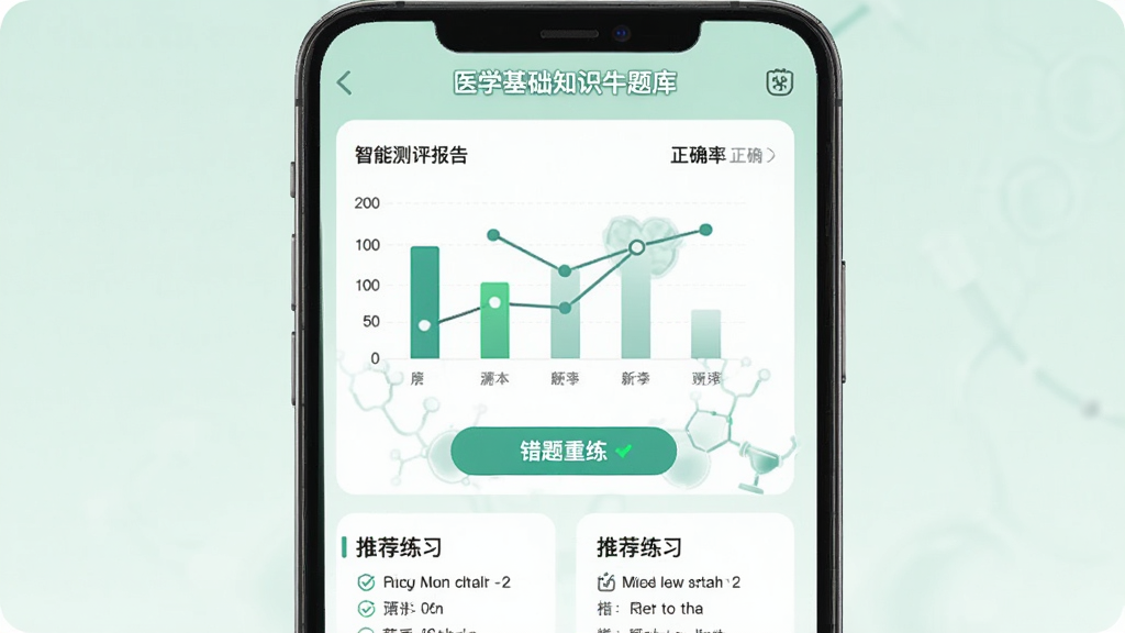 主体:医学基础知识牛题库APP的智能测评报告界面,显示正确率图表和推荐练习,背景为浅绿色。布局:图表居中,推荐练习在下方。排版:数据可视化,简洁直观。风格:现代感,医学风格。细节:包含“错题重练”按钮,画质高清,干净,无多余元素。