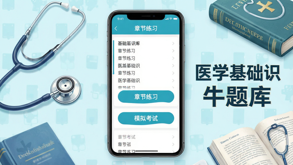 主体:医学基础知识牛题库APP界面,手机屏幕显示题库列表,背景为清新的医学风格,有听诊器、医学书籍等元素。布局:手机居中,屏幕内容清晰,旁边有“医学基础知识牛题库”文字。排版:简洁现代,文字醒目。风格:写实与插画结合,色彩明快。细节:屏幕上有“章节练习”、“模拟考试”按钮,画质高清,干净,无多余元素。