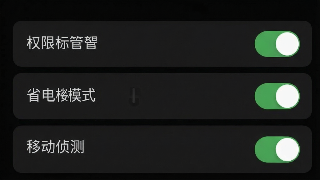 一张手机截图风格图片,展示远程监控免费看家App的设置界面,包含权限管理、省电模式、移动侦测开关等选项,背景为深色模式,界面简洁,清晰展示各个功能开关,画质干净,无多余元素