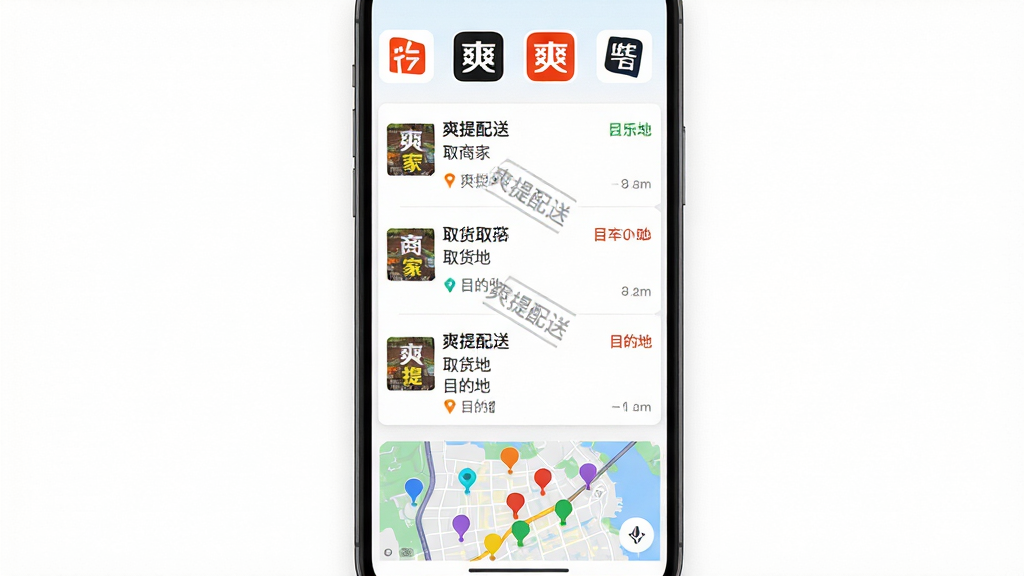主体:手机截图展示爽提配送的订单聚合界面,顶部显示多个平台标志,中间是订单列表,底部是地图。布局:截图居中,上下左右留白均匀。排版:列表清晰,每个订单卡片显示商家、取货地和目的地,地图缩略图在下方。风格:扁平化UI设计,色彩鲜明。细节:订单卡片上有“爽提配送”水印,地图上有多个彩色标记点。画质:高清,干净,无多余元素。