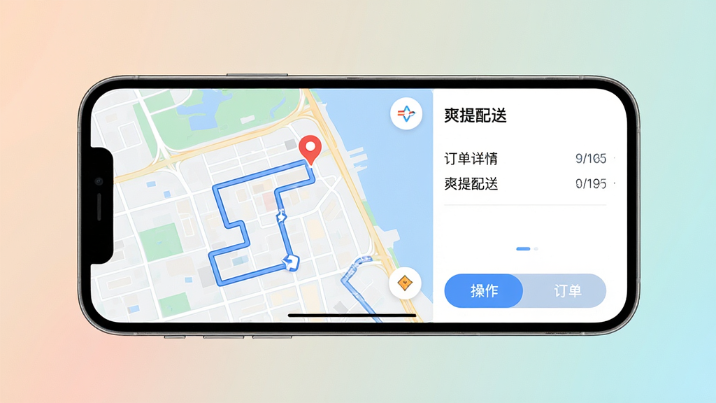 主体:手机横屏显示爽提配送的导航界面,左侧是地图,右侧是订单详情,底部是操作按钮。布局:屏幕中央偏左,背景为纯色渐变。排版:地图占2/3,订单详情占1/3,按钮清晰。风格:简洁现代,色彩柔和。细节:地图上有蓝色路线和红色终点,订单详情有“爽提配送”字样。画质:高清,干净,无多余元素。