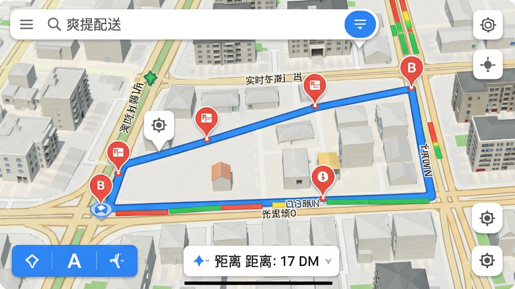 主体:地图导航界面,显示从A点到B点的蓝色路线,中间有多个配送点,周围有道路和建筑。布局:地图占据画面大部分,顶部有搜索栏和“爽提配送”标志,底部有导航按钮。排版:路线清晰,配送点用红色标记,道路名称标注。风格:写实地图风格,色彩自然。细节:地图上显示实时路况颜色条,底部有预计时间和距离。画质:高清,干净,无多余元素。