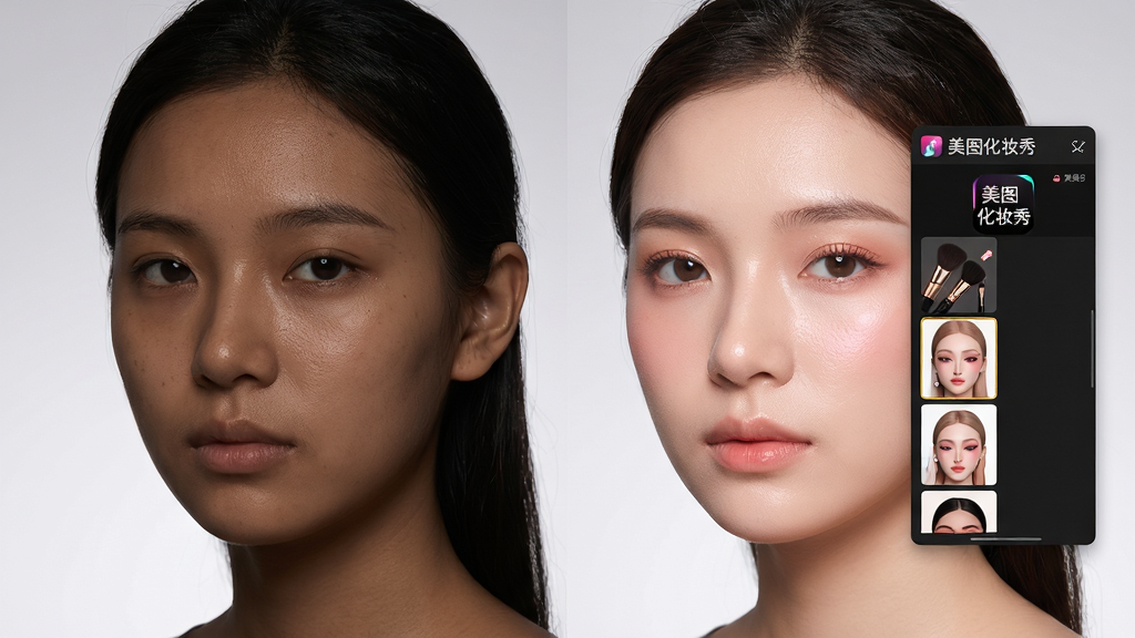 画面主体为一位年轻女性半身像,左侧原始素颜皮肤略显暗沉,右侧经过美图化妆秀处理后面部妆容精致、气色红润。布局采用左右对比形式,背景为简洁的浅灰色渐变。排版上突出软件操作界面悬浮于人像右侧,界面内显示“美图化妆秀”品牌标识与几个妆容缩略图。风格为科技感与时尚杂志风结合,细节表现皮肤纹理自然、妆容过渡柔和。画质高清细腻,干净无多余元素。