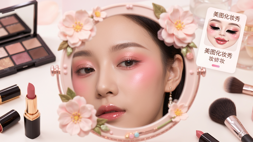 画面主体为一面装饰着花朵的化妆镜,镜中反射出一位女性的半张脸,脸上呈现精致的桃花妆。布局为镜面居中,周围散落着口红、眼影盘、粉刷等化妆工具,以及标注“美图化妆秀”字样的虚拟妆容卡片。排版采用对称式构图,风格柔美浪漫,细节表现眼影的珠光质感与唇釉的水润光泽。画质细腻通透,干净无多余元素,色彩饱和度高。
