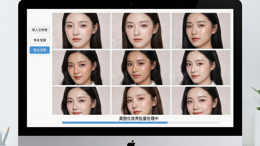 画面主体为多张人像照片整齐排列在电脑屏幕上的效果,每张照片中的人物面部都带有淡雅的妆容,屏幕下方显示“美图化妆秀批量处理中”的进度条。布局为网格状九宫格预览,左侧有“导入文件夹”“导出全部”按钮。排版强调高效与秩序感,风格简洁直观,细节呈现不同肤色的适配效果。画质干净通透,无多余元素,整体色调清爽。
