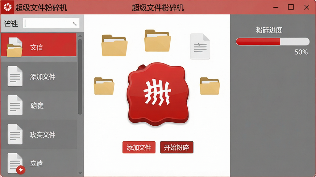 主体:一款名为“超级文件粉碎机”的软件主界面,界面中央有一个醒目的红色粉碎按钮,周围有文件夹图标和文件列表。布局:界面简洁,按钮居中,左侧为文件选择区域,右侧为粉碎进度条。排版:按钮下方有“添加文件”、“开始粉碎”等文字标签。风格:现代化扁平设计,色彩以红白灰为主。细节:文件列表中有几个文档图标,进度条显示50%。画质:高清,干净,无多余元素。