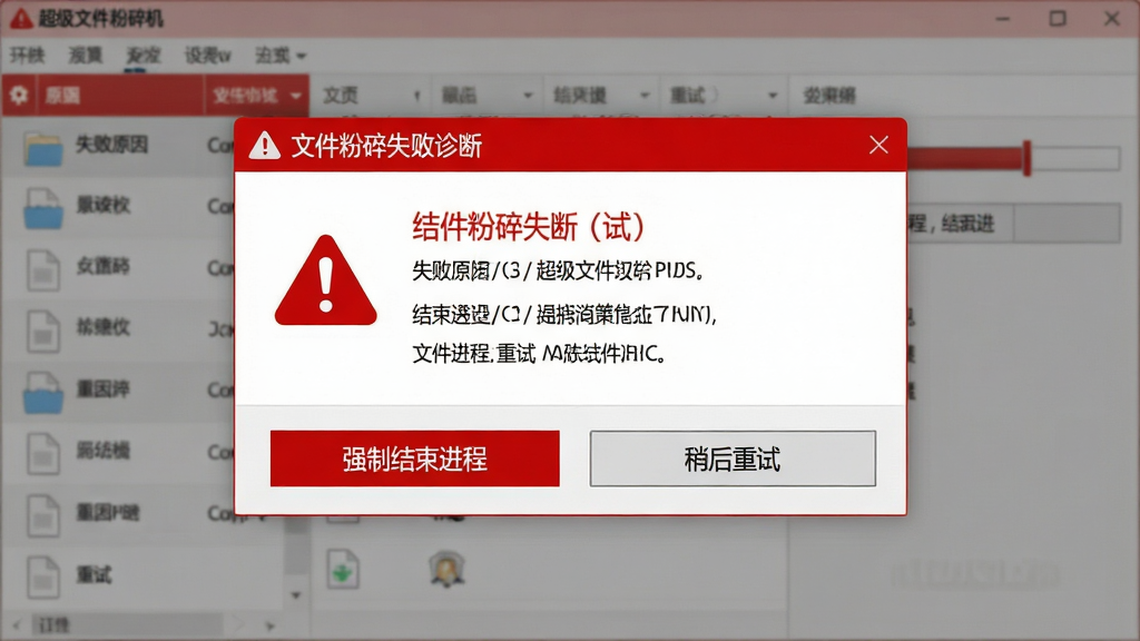 主体:超级文件粉碎机显示文件粉碎失败诊断界面,弹窗中列出失败原因和“结束进程”、“重试”按钮。布局:弹窗居中,背景为软件主界面,有文件列表和进度条。排版:弹窗内有红色警告图标和文字说明。风格:警示风格,红白配色。细节:弹窗底部有两个按钮,分别标注“强制结束进程”和“稍后重试”。画质:高清,干净,无多余元素。