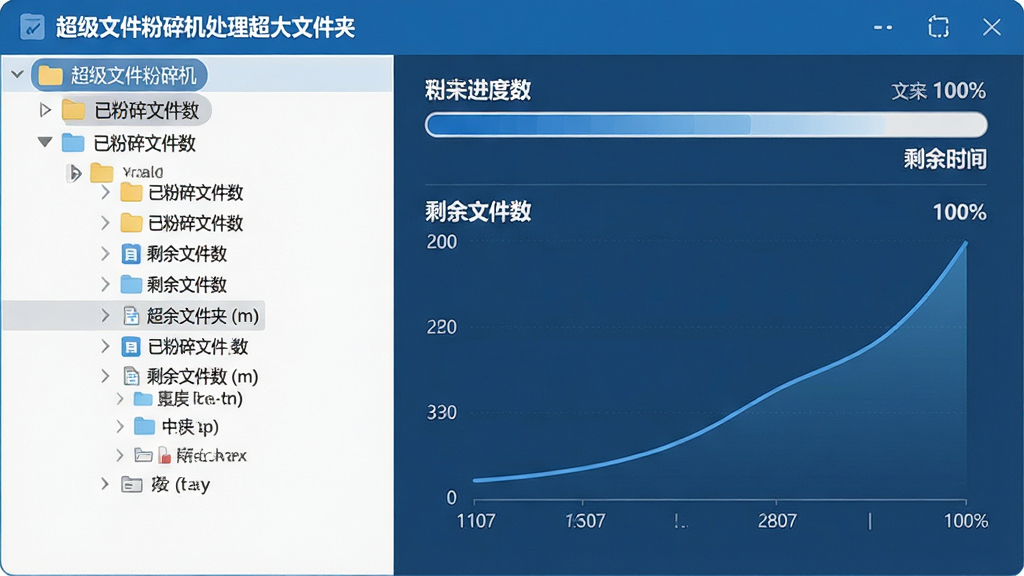 主体:超级文件粉碎机处理超大文件夹的界面,左侧为文件夹树形结构,右侧为粉碎进度条和文件计数。布局:左右分栏,左侧显示文件夹路径,右侧显示速度曲线和剩余时间。排版:数据可视化图表,有“已粉碎文件数”、“剩余文件数”等标签。风格:简洁商务风,蓝色为主色调。细节:进度条接近100%,速度曲线呈上升趋势。画质:清晰,干净,无多余元素。