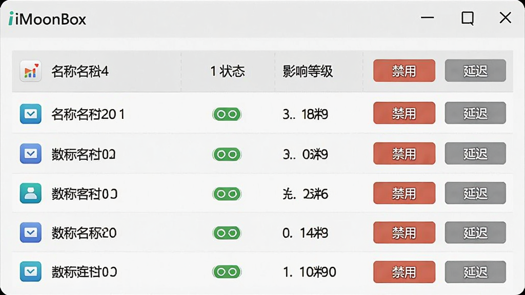 一张展示iMoonBox启动项管理功能的界面截图,表格中列出各启动项名称、状态、影响等级,右侧有“禁用”“延迟”按钮,界面为浅灰色调,数据清晰易读,顶部有“iMoonBox”标识,整体布局规整,无多余装饰,画质清晰