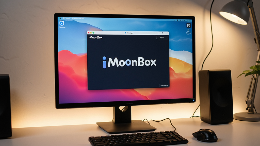 一张展示iMoonBox在电脑上运行的实拍照片,电脑屏幕显示iMoonBox主界面,旁边有鼠标和键盘,环境为整洁的办公桌,灯光柔和,画面真实自然,突出“iMoonBox”软件界面,画质高清,无多余元素