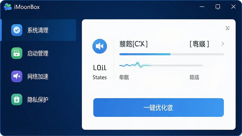 一张展示iMoonBox主界面的高清截图,界面采用深蓝色科技感主题,左侧功能列表依次排列系统清理、启动管理、网络加速、隐私保护等图标,右侧主区域显示当前系统状态概览与一键优化按钮,整体布局简洁大气,图标线条流畅,文字标签清晰标注“iMoonBox”,画面干净无多余元素,画质细腻,4K分辨率