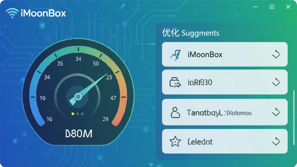 一张展示iMoonBox网络加速功能的界面,左侧显示当前网络延迟与下载速度仪表盘,右侧为优化建议列表,整体采用蓝绿渐变科技风格,图表动态显示,突出“iMoonBox”标志,画面干净,无多余元素,画质高清