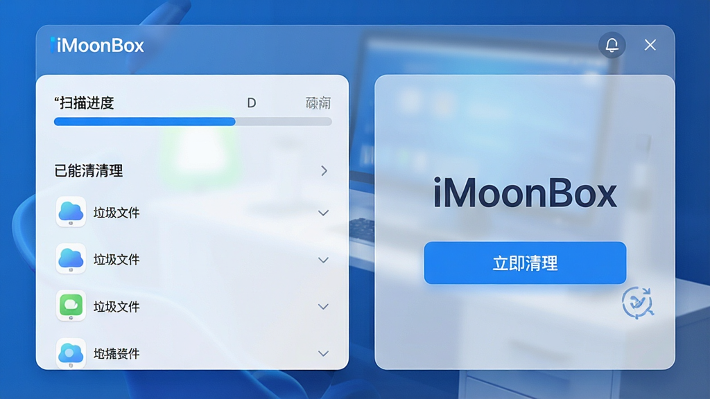 一张展示iMoonBox智能清理过程的界面预览图,左侧显示扫描进度条与已发现的垃圾文件分类列表,右侧为“立即清理”按钮,背景为半透明毛玻璃效果,整体配色以蓝白为主,突出“iMoonBox”字样,画面清晰干净,无多余元素,风格现代简约,画质细腻