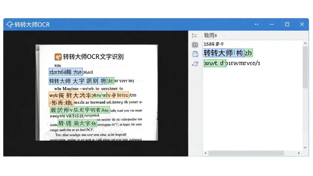 生成一张展示转转大师OCR文字识别软件识别多语种文档的示意图,画面中有一份包含中英文的印刷品,软件窗口将其文字部分高亮框选并输出到右侧文本框,背景简洁,画质清晰,干净无多余元素