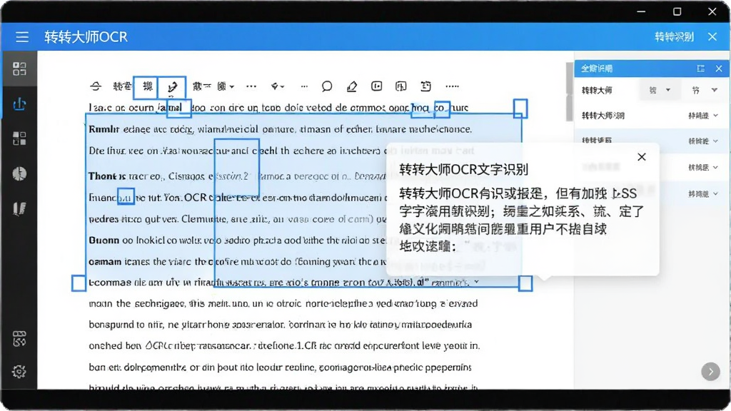 生成一张展示转转大师OCR文字识别软件截图翻译功能的示意图,画面中屏幕上有英文文章,软件用蓝色框选区域并显示中文翻译浮窗,界面简洁,色彩明亮,画质干净,无多余元素
