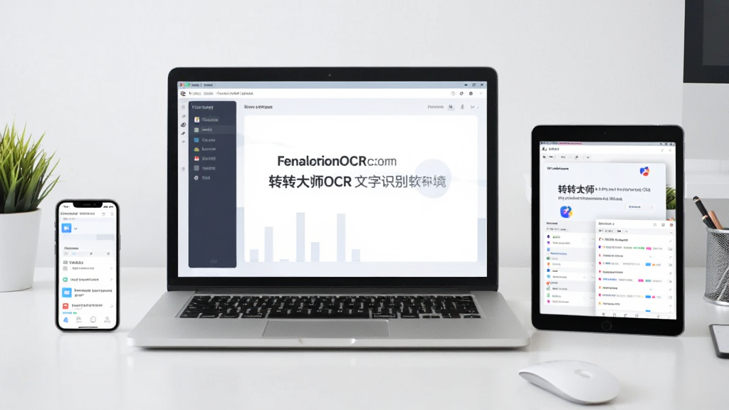 生成一张展示转转大师OCR文字识别软件运行环境的图片,画面中一台笔记本电脑显示软件界面,旁边有手机与平板电脑,风格为现代办公桌面,背景干净,画质清晰,无多余元素
