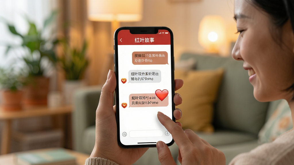 主体:用户手持手机使用红叶故事应用,屏幕显示聊天界面,背景是温馨的客厅,有绿植和暖光。布局:手机在画面中央,用户手指点击屏幕,背景虚化。排版:手机屏幕清晰,聊天气泡显示双语翻译内容,上方有“红叶故事”字样。风格:生活化,真实自然,色彩柔和。细节:用户面带微笑,屏幕中有爱心表情,整体氛围轻松愉快。画质:高清,干净,无多余元素。