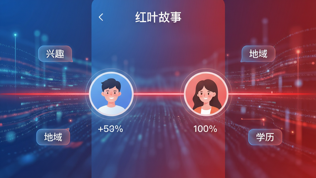 主体:红叶故事应用内“智能匹配”功能界面截图,背景为数据流动的抽象图形,中央显示两个用户头像通过红线相连。布局:界面居中,头像和红线突出,四周有浮动的标签如“兴趣”“地域”“学历”。排版:对称设计,红线贯穿画面,科技感与浪漫结合。风格:现代简约,蓝色与红色渐变,光效柔和。细节:头像下方有匹配度百分比,顶部显示“红叶故事”字样,整体干净明亮。画质:高清渲染,无多余元素。