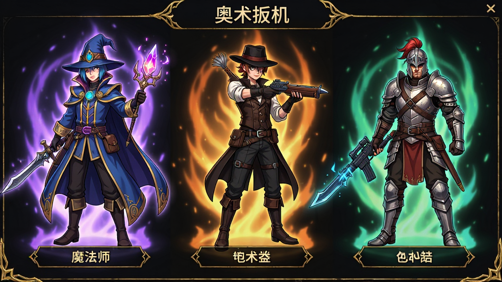 主体:《奥术扳机》角色选择界面,展示三位不同职业的角色立绘,分别是魔法师、枪手和战士。布局:三位角色横排,角色全身像,背景为各自的主题色光效。风格:二次元风格立绘,细节丰富,色彩鲜艳,每个人物都带有独特的武器与服饰。细节:角色下方显示名字与职业标签,界面有金色装饰边框。画质:高精度立绘,背景干净,无多余元素。
