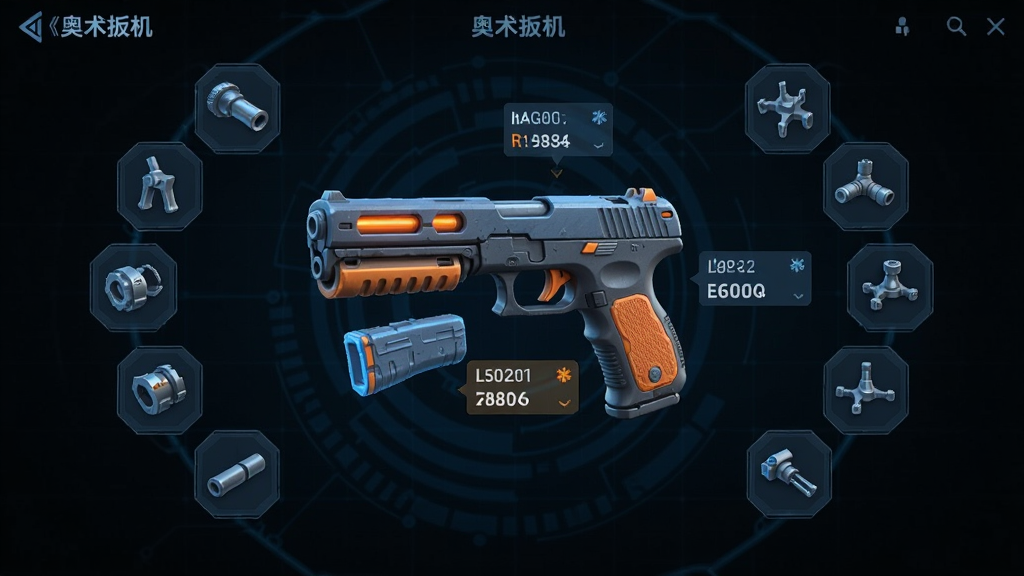 主体:《奥术扳机》枪械改装界面,画面中央是一把分解状态的科幻手枪,周围环绕着各种改装零件图标。布局:枪械水平居中,零件以圆形排列在周围,背景为深色科技网格。风格:UI界面风格,扁平化与3D渲染结合,科技感十足,色彩以蓝色和橙色为主。细节:每个零件都有详细的属性数值浮窗,弹匣、枪管等部位高亮显示。画质:清晰锐利,界面整洁,干净,无多余元素。