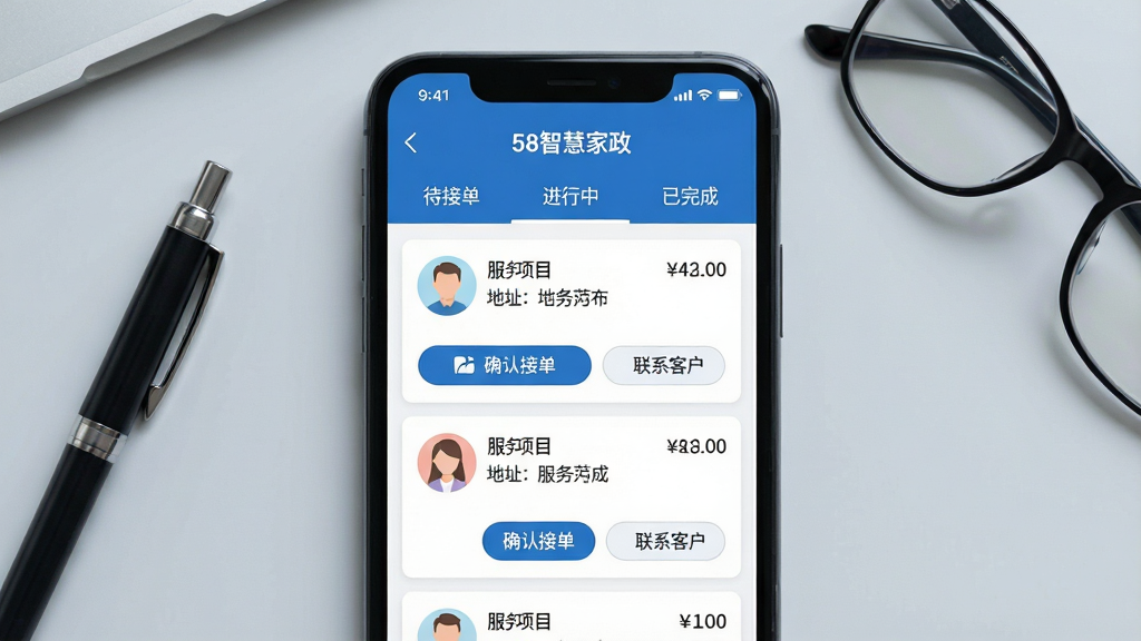 主体:智能手机屏幕特写,显示“58智慧家政”APP的订单列表页面,页面顶部有“待接单”、“进行中”、“已完成”三个标签页,中间是几行订单卡片,卡片上清晰显示客户头像、服务项目、地址和金额。布局:手机位于画面中央,背景为柔和的浅灰色工作台面,旁边放着一支笔和一副眼镜。排版:图片采用正视角构图,手机屏幕占据画面主体,文字信息清晰可读。风格:扁平化UI设计风格,色彩以蓝色和白色为主,界面干净整洁。细节:订单卡片上有“确认接单”和“联系客户”的按钮图标,屏幕右上角显示网络信号和电量。画质:高清,无多余元素。
