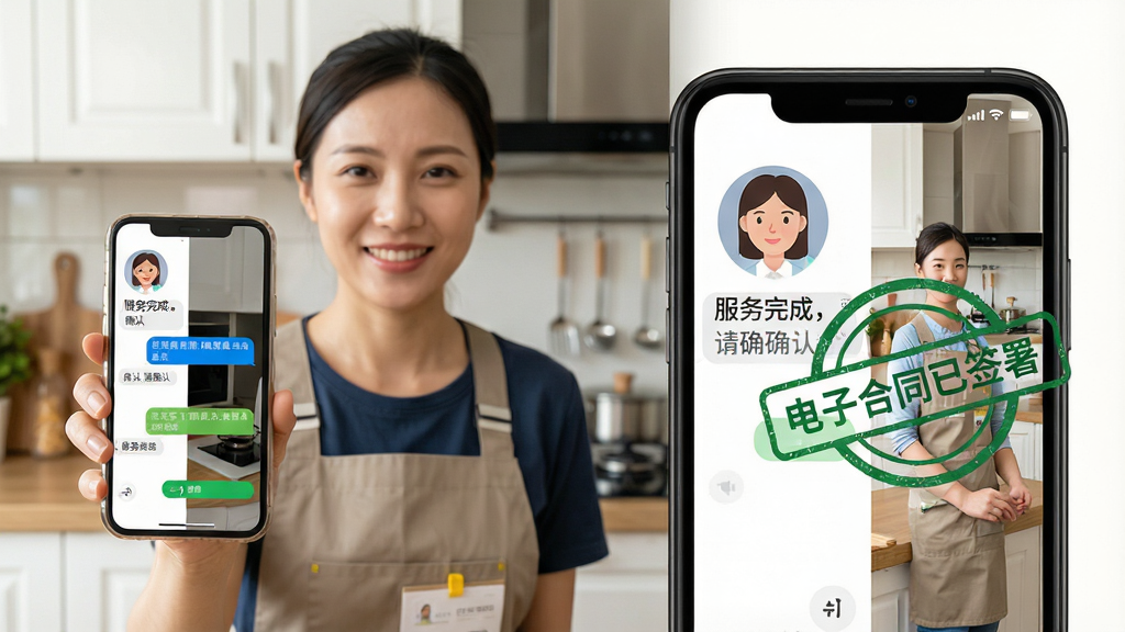 主体:一位家政服务员正在用手机与客户进行视频通话,手机屏幕分屏显示左侧是客户头像和对话框,右侧是服务现场的照片,背景是整洁的厨房。布局:人物位于画面左侧,手机举在面前,右侧留白处有“电子合同已签署”的绿色印章图标。排版:采用对称式构图,左边是人物动作,右边是手机界面放大展示。风格:纪实摄影风格,色调温暖,突出真实感和信任感。细节:手机界面中可以看到“服务完成,请确认”的字样,人物面带微笑。画质:高清,干净无多余元素。