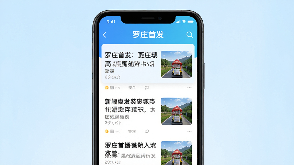 主体:手机屏幕展示“罗庄首发”APP界面,屏幕内有新闻列表和图片。布局:手机位于画面中央,背景为淡蓝色渐变。排版:界面元素清晰,新闻标题和缩略图排列整齐。风格:现代扁平化设计,色彩明亮。细节:屏幕上方显示“罗庄首发”字样,新闻条目包含标题和图片。画质:高清渲染,干净,无多余元素。