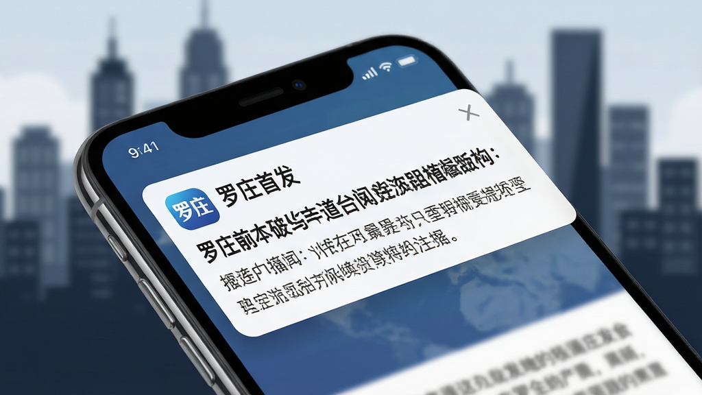 主体:手机界面显示“罗庄首发”推送通知,包含新闻标题摘要。布局:手机斜放,背景为城市建筑剪影。排版:通知栏醒目,新闻标题清晰。风格:写实与扁平结合。细节:通知栏有“罗庄首发”图标和新闻内容,背景虚化。画质:高清,干净,无多余元素。