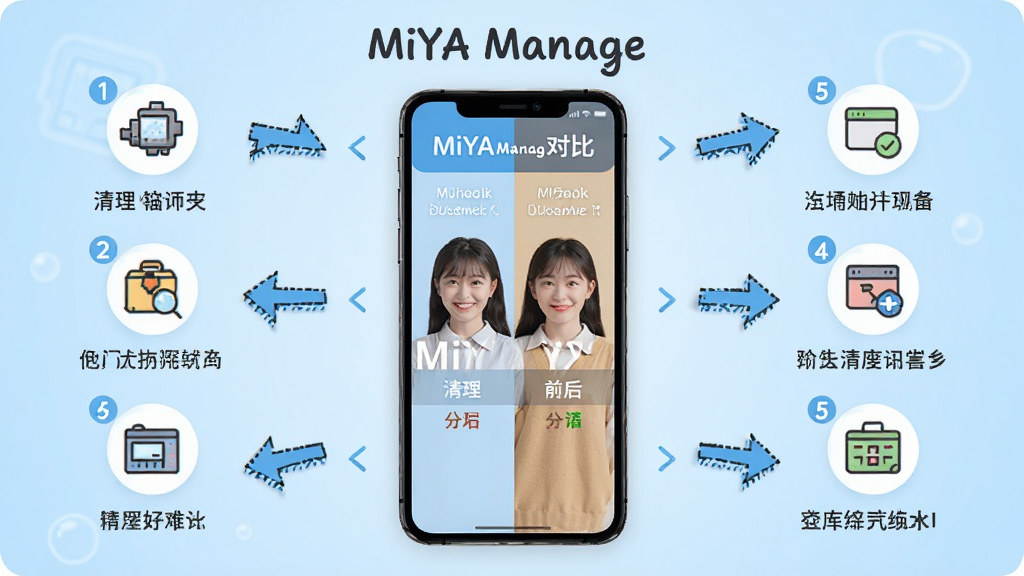 MiYA Manage使用指南图解,画面中央为手机屏幕展示清理前后对比,周围环绕操作步骤图标,背景为浅蓝色渐变,风格简洁明快,细节包括箭头与数字标注,画质高清干净无多余元素,图片中文字标注“MiYA Manage”
