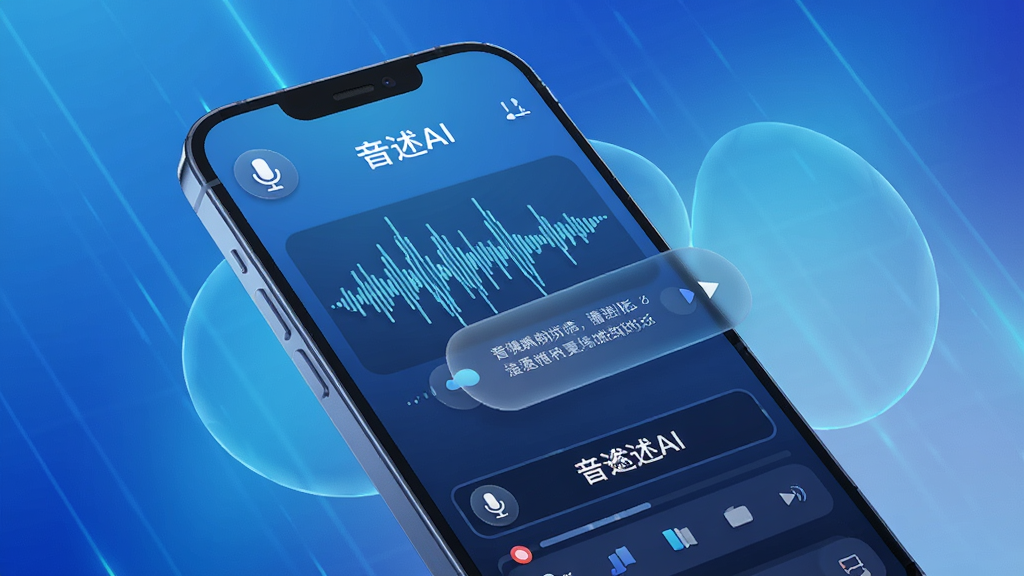 一幅现代科技感十足的3D渲染图,主体为智能手机屏幕展示“音述AI”应用界面,界面中有波形音频与文字转换动画,背景为抽象蓝色渐变光效,布局中央,排版简洁大气,风格偏未来主义,细节包括麦克风图标与字幕轨道,画质高清,干净无多余元素