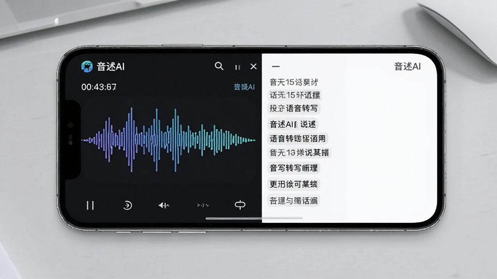 主体为手机横屏界面展示“音述AI”语音转写过程,左侧为声波动态图,右侧为逐字出现的文字段落,背景为浅灰色办公桌面,布局左右对称,风格写实清晰,细节包括时间戳和说话人标签,画质干净,无多余杂物