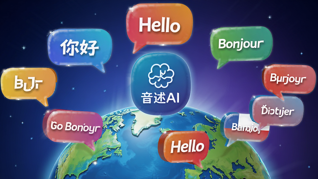 主体为地球仪上方悬浮多国语言气泡,中心为“音述AI”图标,气泡内显示“你好”“Hello”“Bonjour”等文字,布局环绕式,风格科技感插画,细节包括光线反射与渐变背景,画质干净,无多余元素