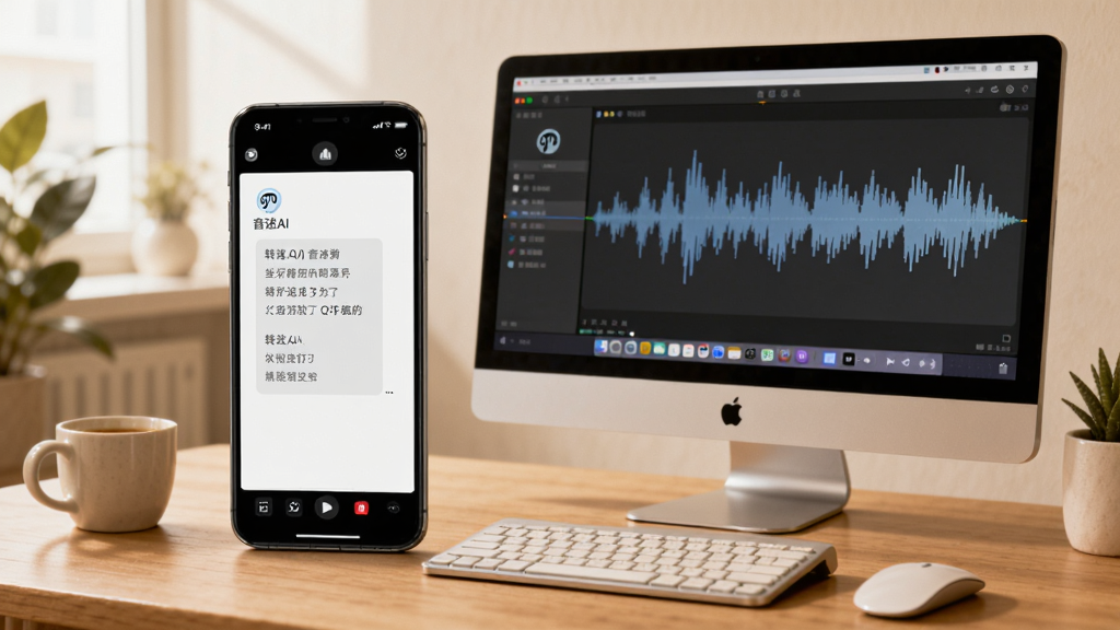 主体为手机与电脑并排展示“音述AI”使用场景,手机屏幕显示转写文字,电脑屏幕显示配音波形,背景为居家办公桌面,布局平衡,风格生活化,细节包括键盘与咖啡杯,画质温暖干净,无多余元素