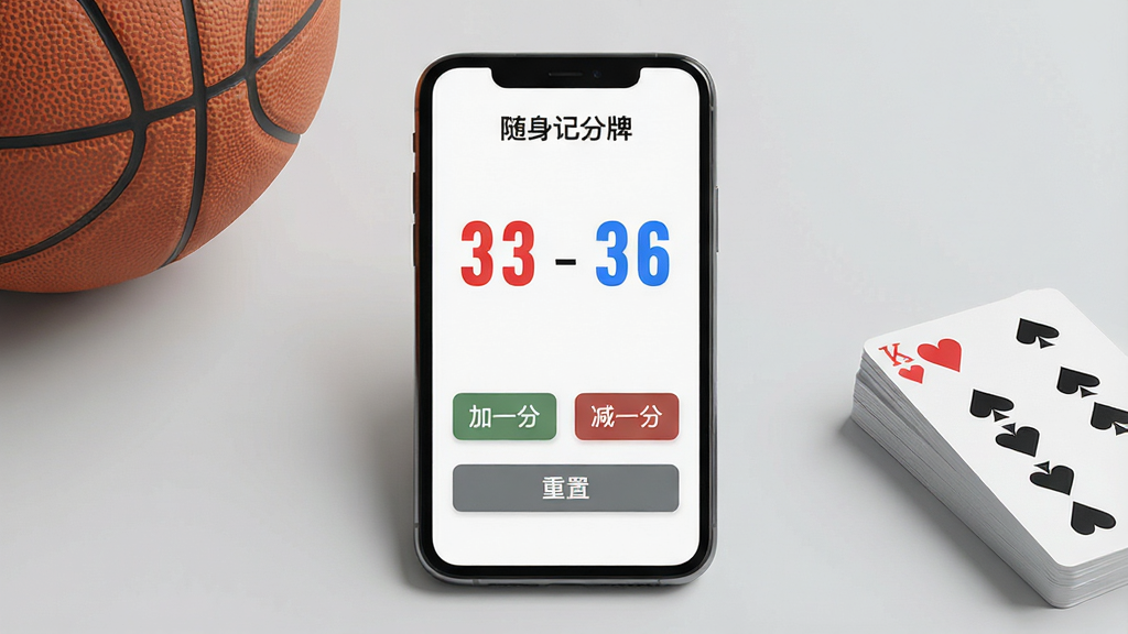 一张高清产品展示图,画面中央是一部智能手机,屏幕正显示“随身记分牌”应用界面,界面布局简洁,上方有红色和蓝色两个大数字比分,下方有“加一分”、“减一分”和“重置”按钮,背景为浅灰色桌面,手机旁边放着一个篮球和一副扑克牌,画面明亮清晰,风格写实,画质细腻,干净无多余元素