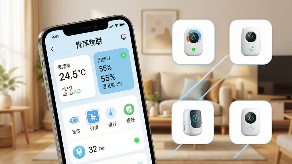 主体:青萍物联App在手机上的主界面,背景是温馨的智能家居客厅场景,手机屏幕中清晰显示“青萍物联”字样以及室内温湿度卡片、设备列表图标。布局:手机位于画面中央偏左,右侧环绕着温湿度计、空气检测仪等设备的小图标,整体呈对角线构图。排版:界面扁平化设计,卡片式布局,图标圆润,文字清晰。风格:现代科技感与生活气息结合,色彩清新明亮,以白色和淡蓝色为主。细节:手机屏幕内展示温度24.5°C、湿度55%等数据,设备图标带有绿色在线状态点。画质:8K超高清,干净,无多余元素。