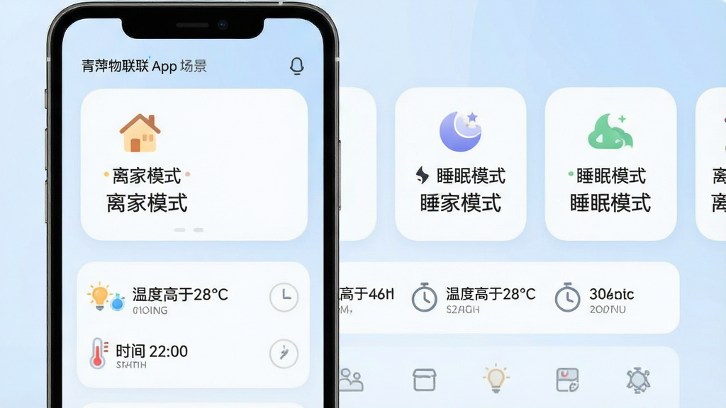 主体:青萍物联App的自动化场景设置界面,展示“离家模式”“睡眠模式”等场景卡片,每个卡片带有条件图标。布局:场景卡片横向排列,下方为条件设置区域,手机屏幕居中。排版:卡片式设计,图标简洁,文字说明清晰。风格:柔和圆角,浅蓝色背景,白色卡片。细节:场景卡片上显示“离家模式”“睡眠模式”,条件区域包含“温度高于28°C”“时间 22:00”等。画质:高清,干净,无多余元素。