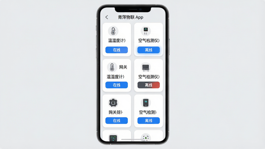 主体:青萍物联App的设备管理页面,展示多个智能设备卡片,每个卡片显示设备名称、图标和状态。布局:设备卡片以网格形式排列,手机屏幕居中展示,背景为浅灰色。排版:卡片圆角设计,图标上方为设备名,下方为状态文字,信息层级清晰。风格:简约商务风,白色卡片配深灰色文字,蓝色高亮按钮。细节:卡片上带有“温湿度计”“空气检测仪”“网关”等标签,设备状态显示“在线”或“离线”。画质:清晰,干净,无多余元素。